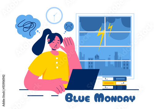 Blue Monday Illustration Depicting Sadness and Mental Health Influenced by Weather and certain circumstances in a Flat Style Cartoon Background