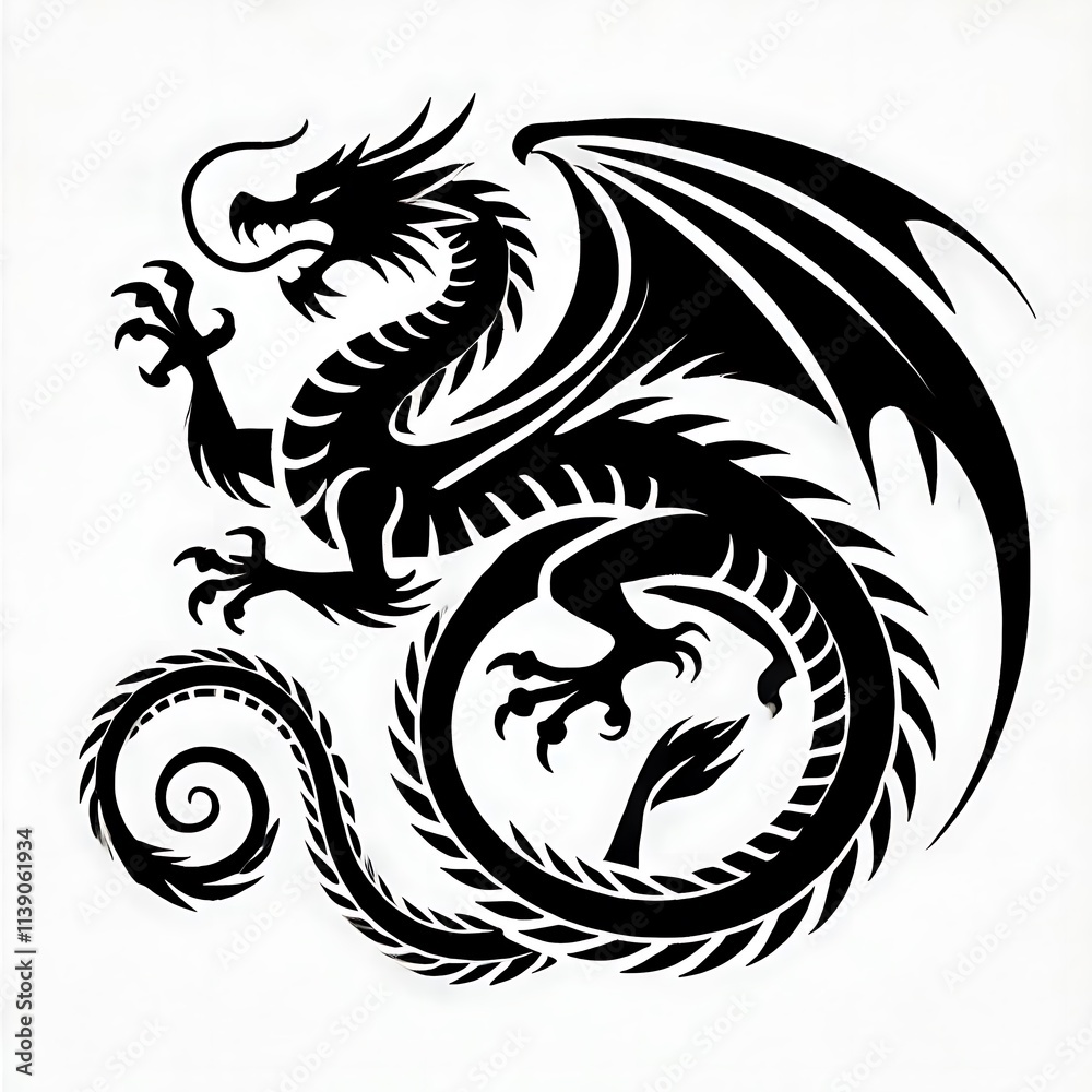 Fototapeta premium dragon Vector Illustration, dragon tattoo vector, Dragon silhouette vector black and white
