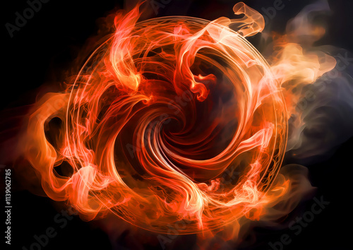 Abstract fire swirl on a black background with copy space for text photo