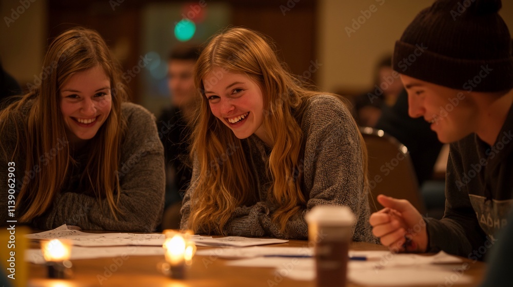 Fototapeta premium Happy young adults laughing together at a table.