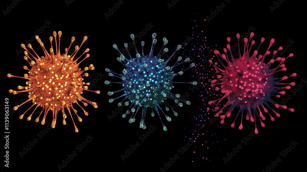 Vibrant visual representation of FLiRT virus, showcasing colorful virus structures in orange, blue, and pink against black background. design highlights intricate details and patterns Vibrant visual representation of FLiRT virus, showcasing colorful virus structures in orange, blue, and pink against black background. design highlights intricate details and patterns