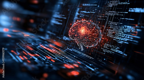 image depicts digital representation of brain, symbolizing artificial intelligence and robotics, surrounded by glowing data streams and code