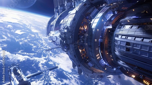 Futuristic Space Station Orbiting Earth