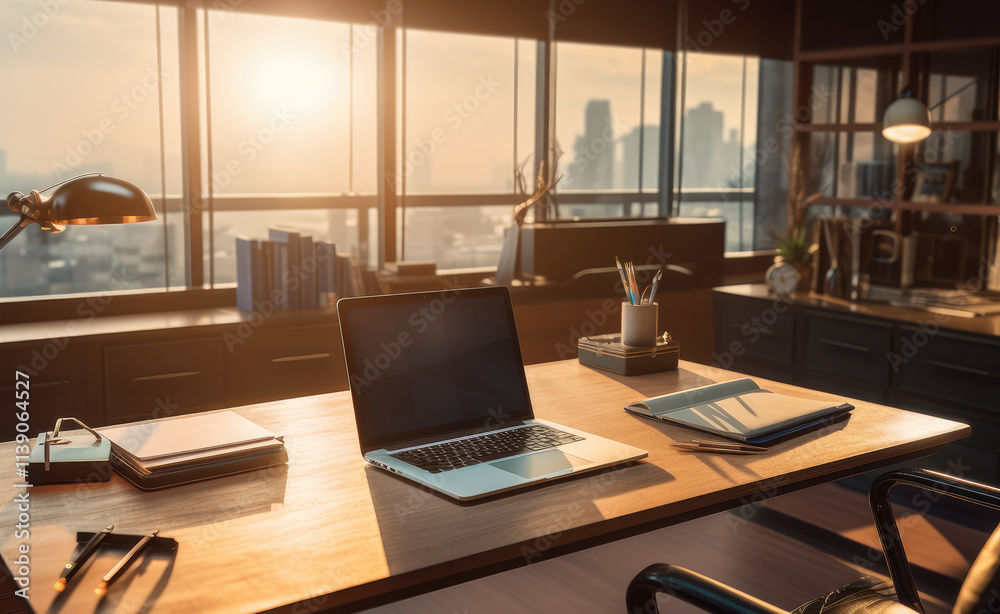 Modern Office Desk with Sunrise View Modern Office Desk with Sunrise View
