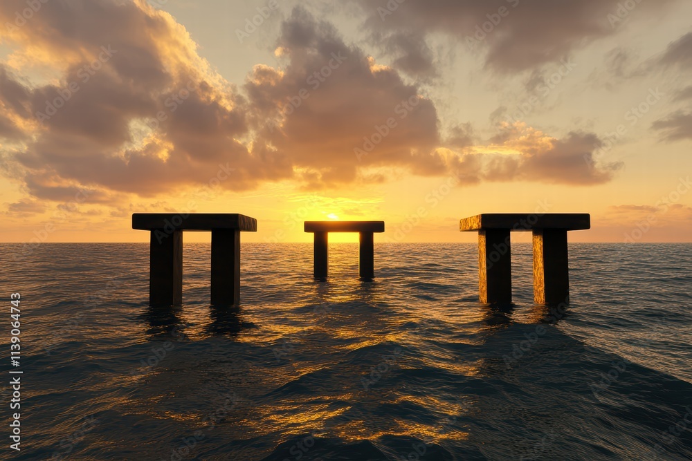Tranquil Sunset Over Water with Pier Structures and Cloudy Skies Tranquil Sunset Over Water with Pier Structures and Cloudy Skies