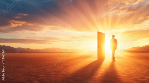 Emerging from the doorway at sunset person standing in desert landscape inspiring visual concept serene environment