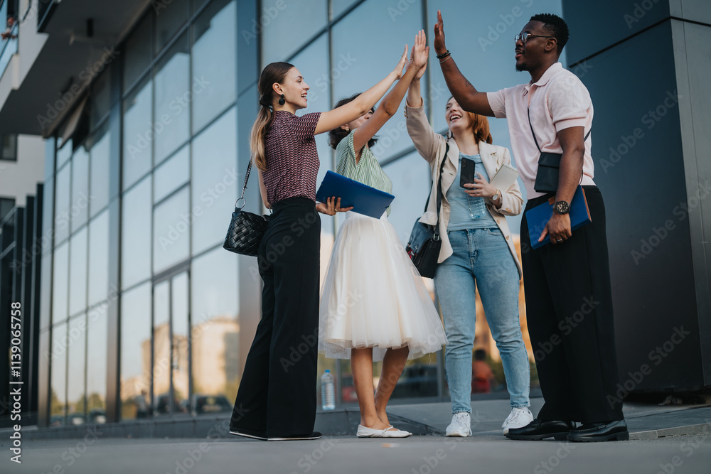A diverse group of business professionals giving a high-five outdoors, symbolizing teamwork and achievement during a city meeting. Energy and collaboration are captured in this urban business setting. A diverse group of business professionals giving a high-five outdoors, symbolizing teamwork and achievement during a city meeting. Energy and collaboration are captured in this urban business setting.