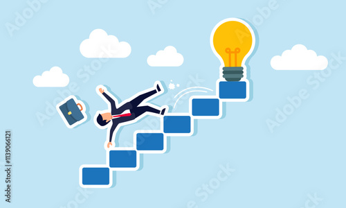 A businessman falls from a ladder leading to a lamp, illustration of failure in the attempt to obtain and apply business ideas and innovations