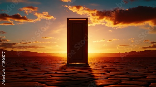 Mysterious door silhouetted against vibrant sunset desert landscape digital artwork dramatic atmosphere wide angle exploration theme