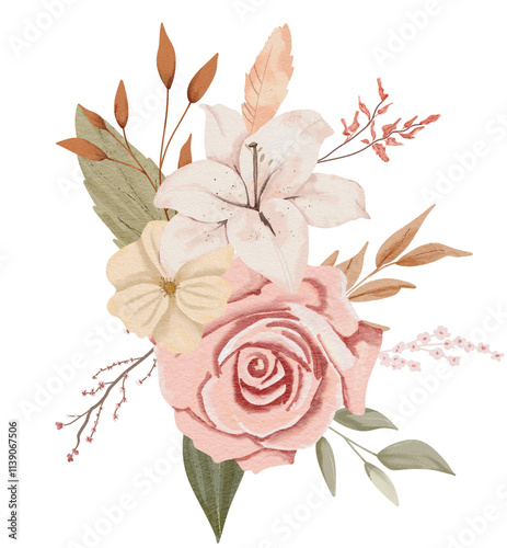 Watercolor Rose and Lily Flowers Illustration