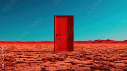 Red door standing alone in dry landscape surreal scene arid environment wide angle view concept of opportunity