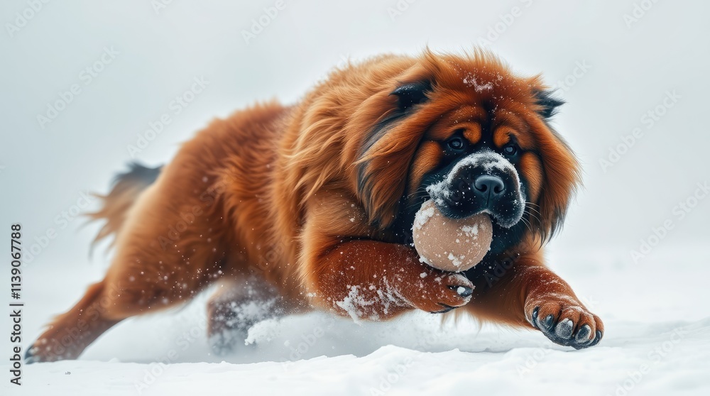 Obraz premium A fluffy dog bounds through the snow, joyfully grasping a ball in its mouth. The bright white surroundings accentuate the dog's excitement and vibrant energy