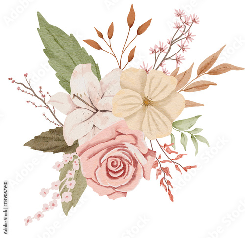 Watercolor Rose and Lily Flowers Illustration