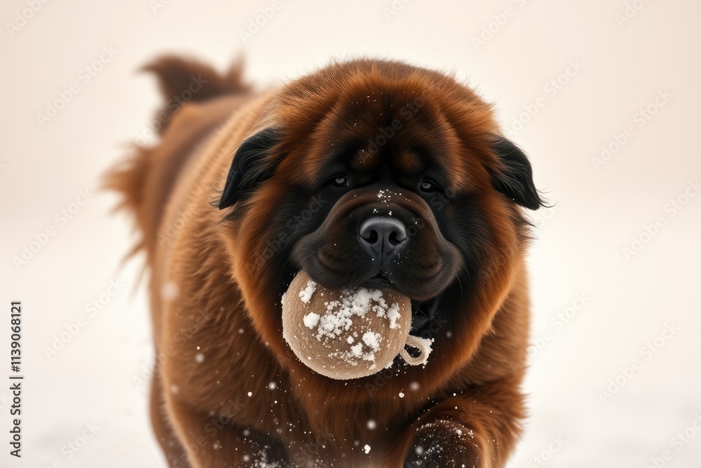 Obraz premium A fluffy dog runs joyfully with a ball in its mouth on a snowy landscape, showcasing its playful spirit amid a serene winter backdrop