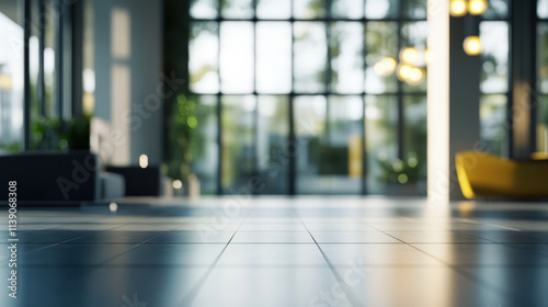 modern office lobby with large windows, natural light, and stylish furniture creates welcoming atmosphere. sleek tile floor enhances contemporary design