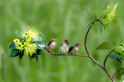Cute baby birds on tree branch with blur background