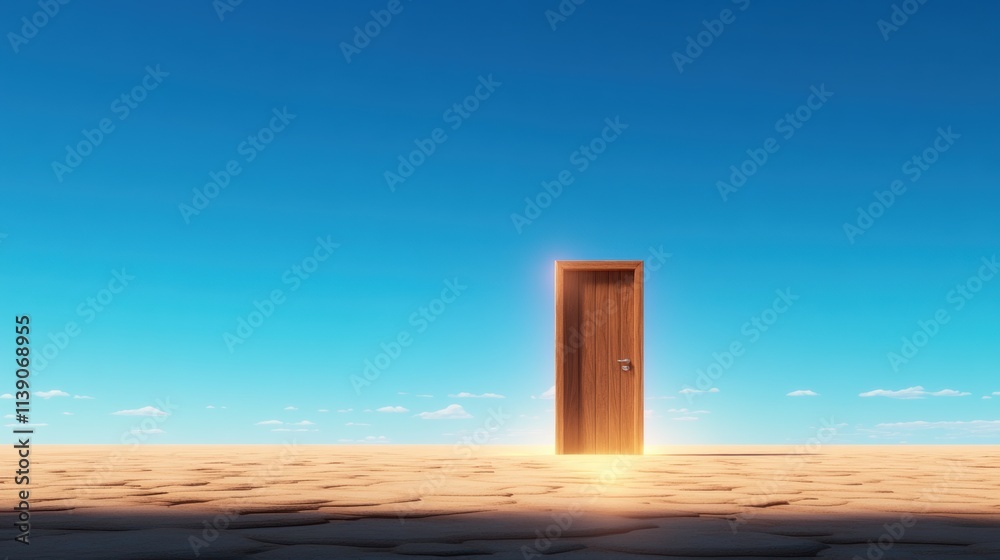 Fototapeta premium Opening new possibilities door to opportunity in a dry landscape under clear blue sky