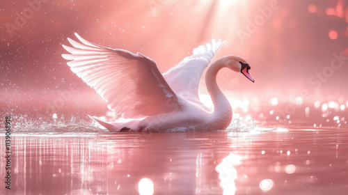 Fototapeta Naklejka Na Ścianę i Meble -  graceful swan glides across serene lake, surrounded by soft pink hues and sparkling reflections. scene captures tranquility and beauty in nature