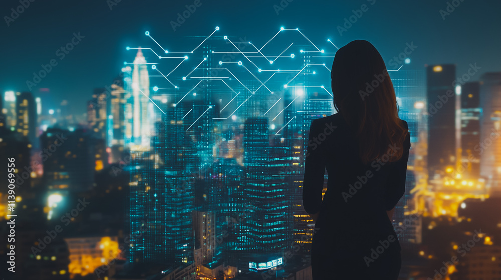 Abstract businesswoman stands on the peak of success Smart digital city with connection cyber security network reciprocity over the cityscape future wireless digital city and social media networking Abstract businesswoman stands on the peak of success Smart digital city with connection cyber security network reciprocity over the cityscape future wireless digital city and social media networking
