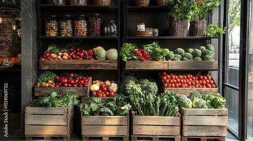 A rustic display of organic vegetables arranged in wooden boxes for fresh and natural design themes.