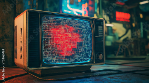 A retro television set displaying digital inspired visuals