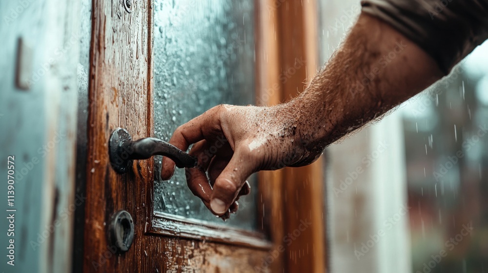 Opening a weathered door in the rainy outdoors close-up shot of a hand rustic environment intimate perspective Opening a weathered door in the rainy outdoors close-up shot of a hand rustic environment intimate perspective