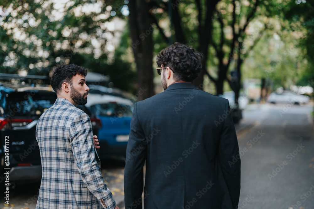 Two business people engage in a conversation while walking outdoors in a city environment. The interaction suggests collaboration and modern business culture. Two business people engage in a conversation while walking outdoors in a city environment. The interaction suggests collaboration and modern business culture.