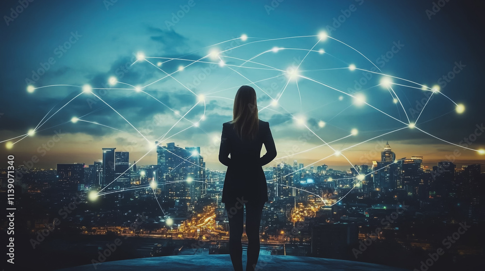 Abstract businesswoman stands on the peak of success Smart digital city with connection cyber security network reciprocity over the cityscape future wireless digital city and social media networking Abstract businesswoman stands on the peak of success Smart digital city with connection cyber security network reciprocity over the cityscape future wireless digital city and social media networking