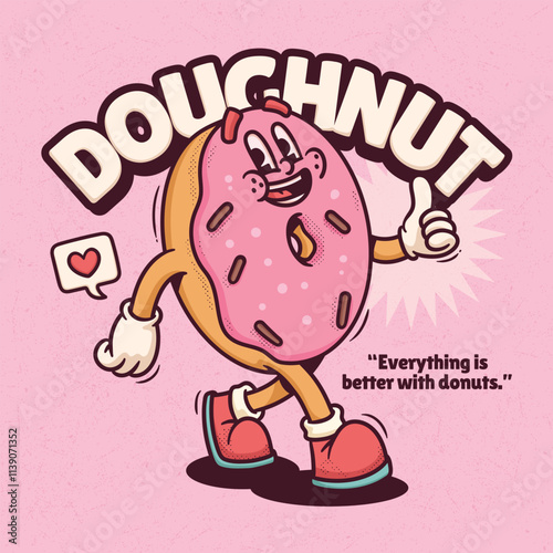 Doughnut Trendy Retro Cartoon Vector Hand Drawn