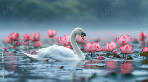 Fototapeta Naklejka Na Ścianę i Meble -  graceful swan glides through serene river surrounded by vibrant pink lotus flowers, creating tranquil and picturesque scene. fog adds mystical touch to this beautiful landscape