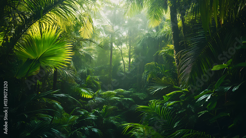 Fototapeta Naklejka Na Ścianę i Meble -  Panorama of dense jungle wild forest with palm trees, Puerto Rico, rain forest, tropical mountain range 