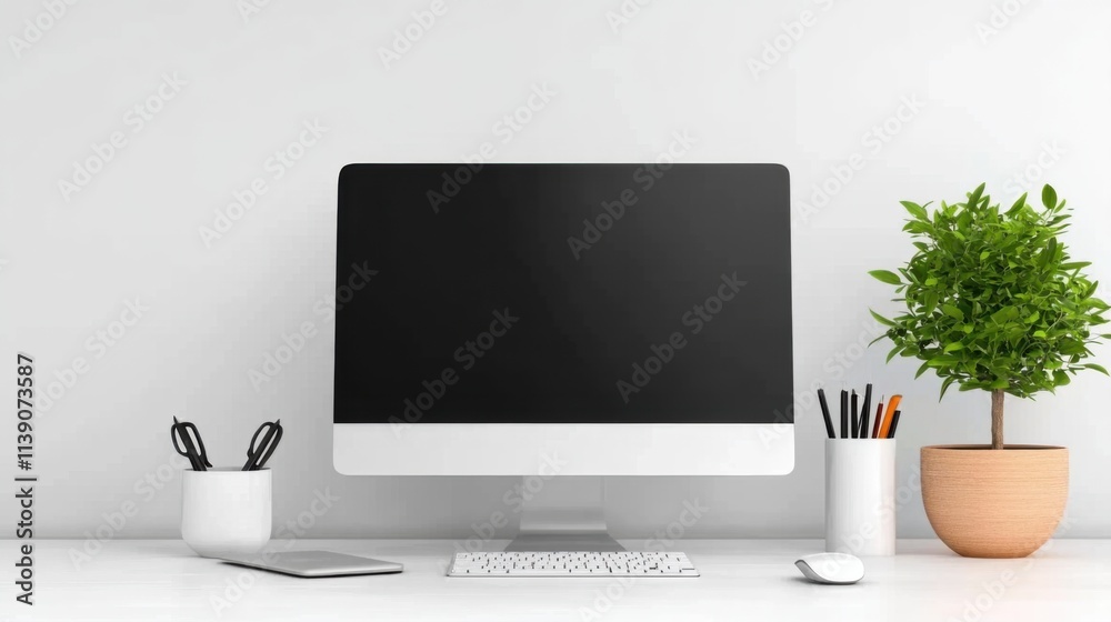 Fototapeta premium Working from Home Setup Modern Desktop Computer Minimalist Office Space Digital Workspace Calm Environment Wide-Angle View Productivity Concept
