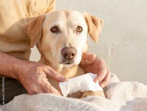 Volunteer Bandaging a Dogs Paw in Warm, Natural Light photo