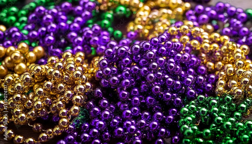 Colorful green, yellow and purple traditional Mardi Gras beads