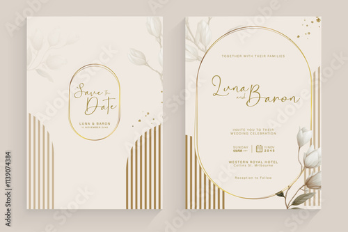 Aesthetic Wedding Invitation Template with Vintage White Flower Watercolor Arrangement