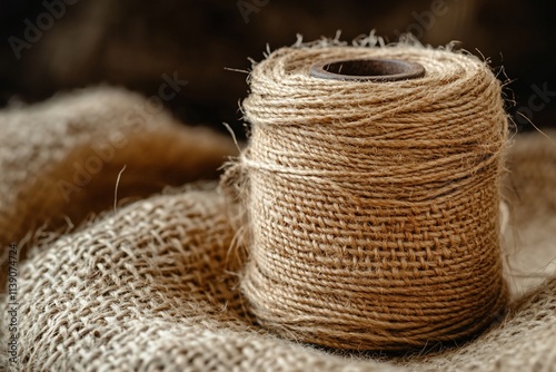 Close-up of a spool of natural jute twine resting on burlap fabric.