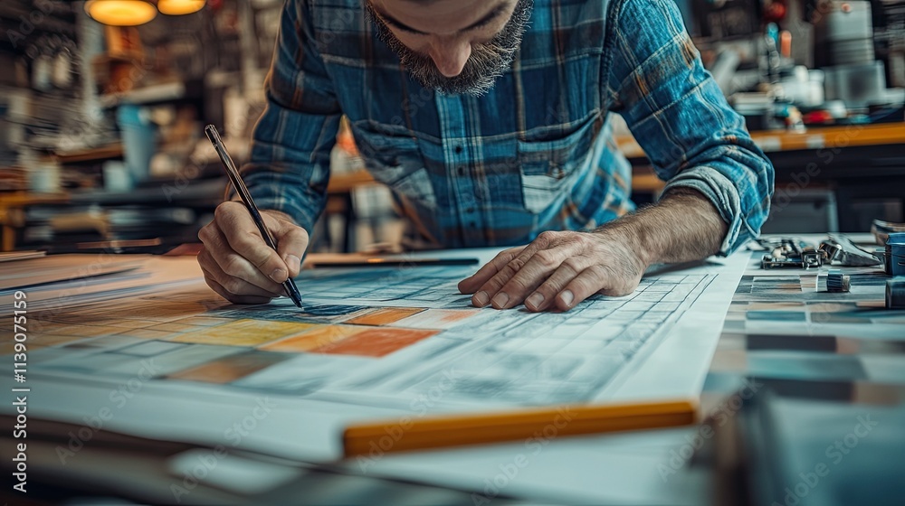 Architect designer at work in the studio, sketching plans, selecting materials, and exploring color samples, combining creativity and technical expertise for interior projects. Architect designer at work in the studio, sketching plans, selecting materials, and exploring color samples, combining creativity and technical expertise for interior projects.