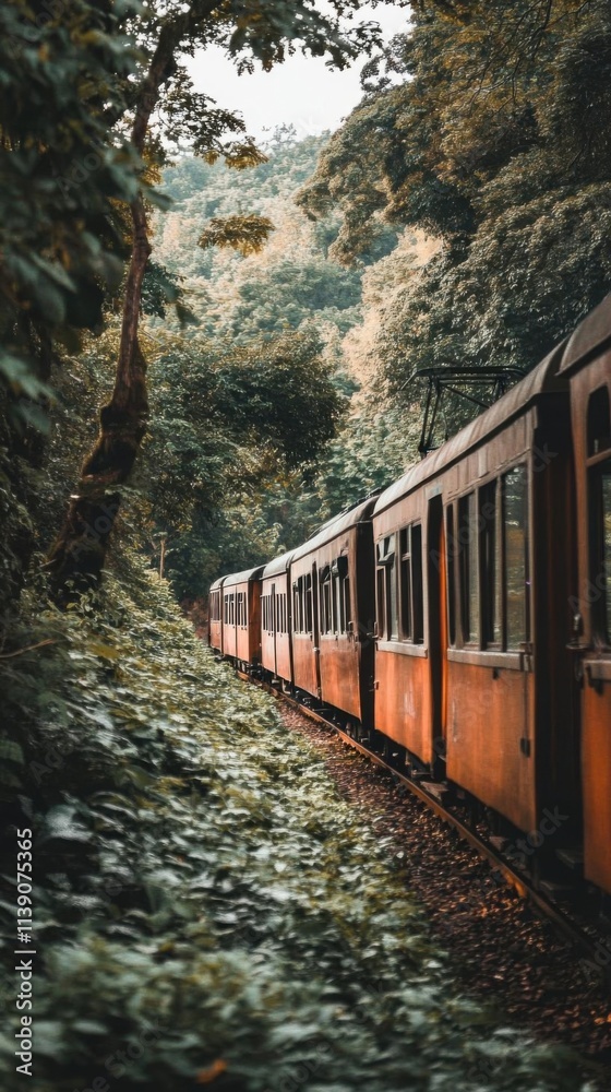Fototapeta premium Train travels through lush forest scenery