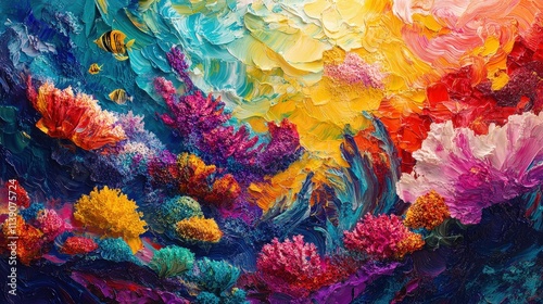 Vibrant oil painting style depiction of an abstract coral reef with vivid colors and expressive brushstrokes. Evokes a sense of artistic underwater wonder. AI generated. photo