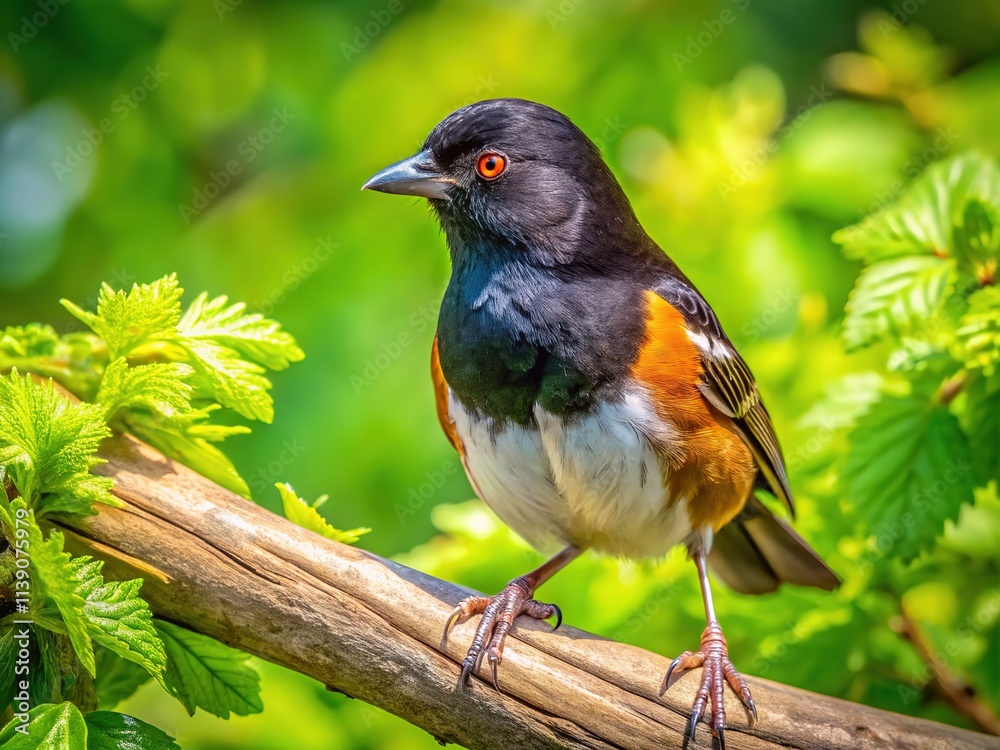 Eastern Towhee on Branch - Deep Focus Forest Habitat Eastern Towhee on Branch - Deep Focus Forest Habitat