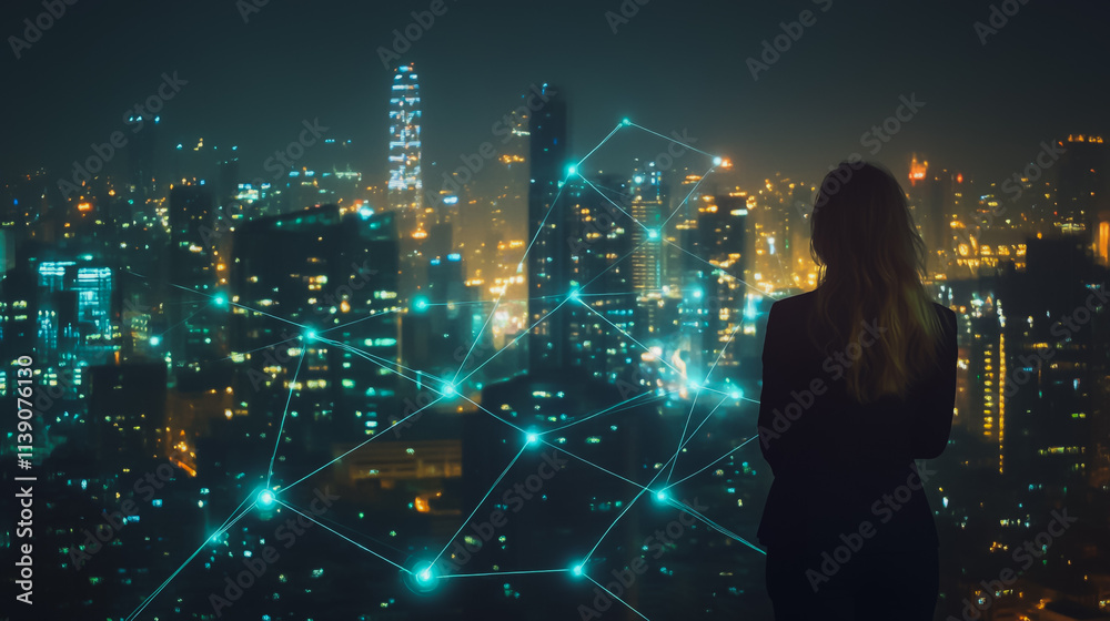 Abstract business man stands on the peak of success Smart digital city with connection cyber security network reciprocity over the cityscape future wireless digital city and social media networking Abstract business man stands on the peak of success Smart digital city with connection cyber security network reciprocity over the cityscape future wireless digital city and social media networking