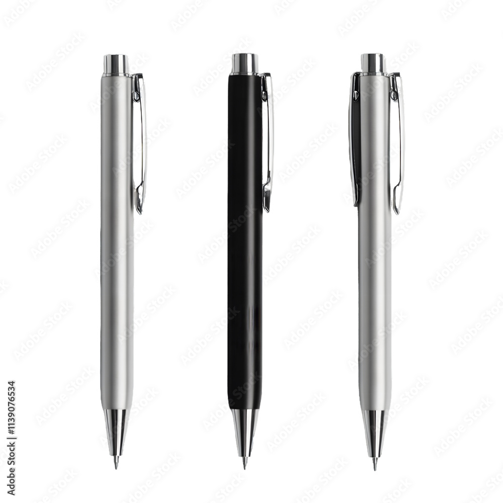 Three Metallic Pens: Silver, Black, Silver Isolated On A White Background, PNG Transparent