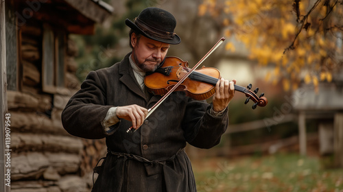 Rustic Violinist in Autumn Scene