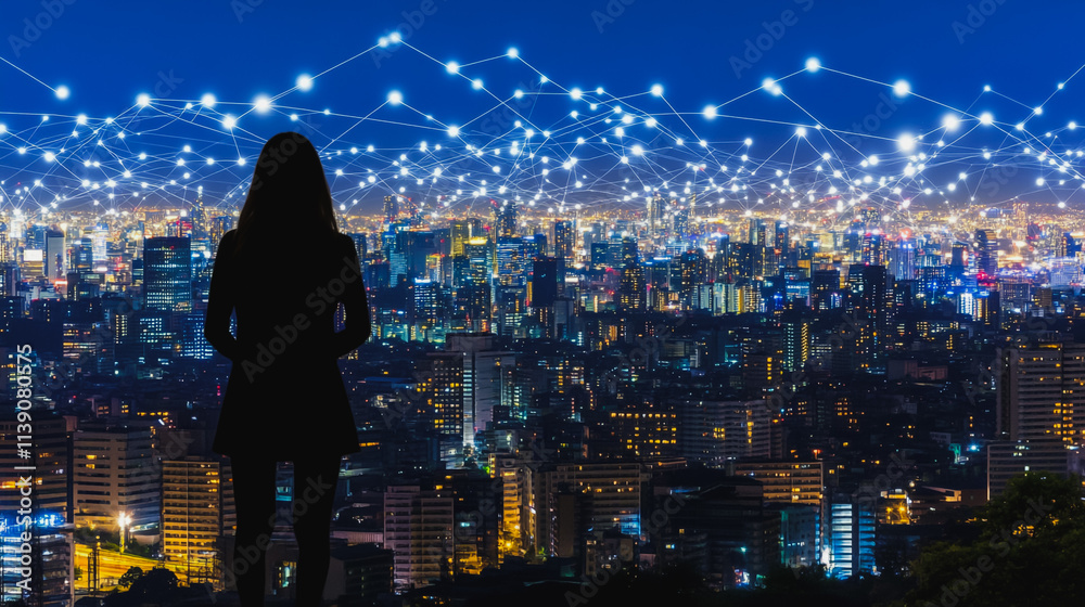 Abstract businesswoman stands on the peak of success Smart digital city with connection cyber security network reciprocity over the cityscape future wireless digital city and social media networking
Abstract businesswoman stands on the peak of success Smart digital city with connection cyber security network reciprocity over the cityscape future wireless digital city and social media networking