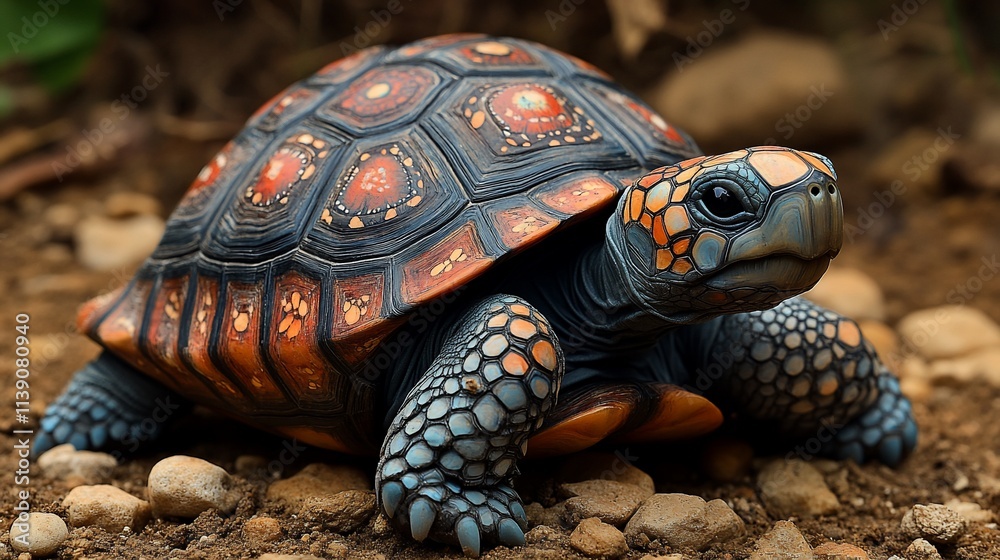 Vibrant red-footed tortoise on ground. Vibrant red-footed tortoise on ground.