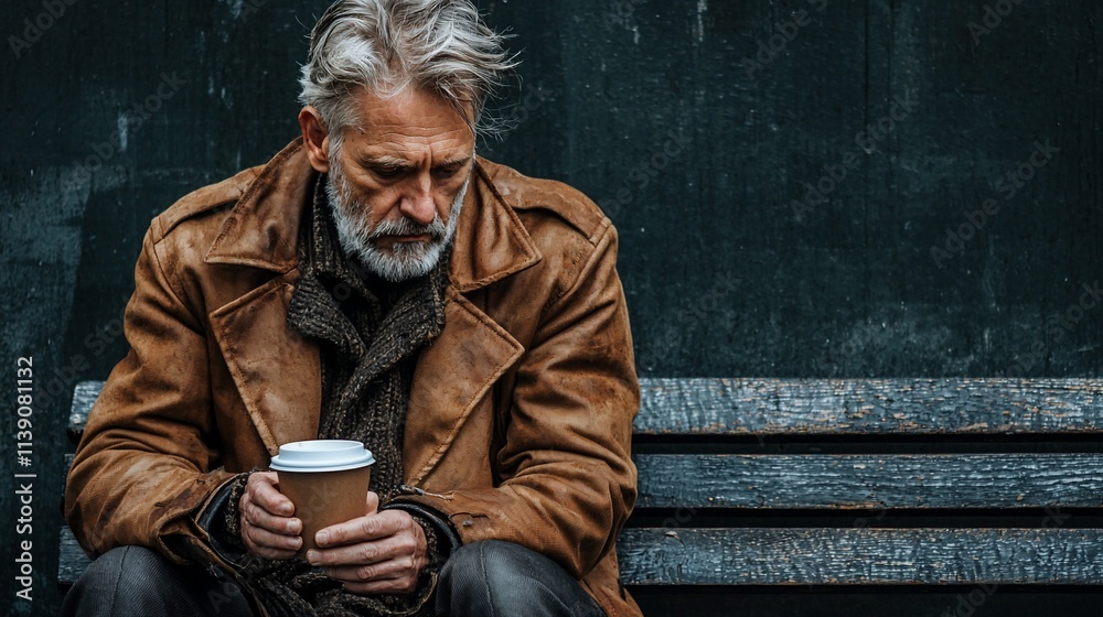 Sad senior man sitting on bench, holding coffee cup.