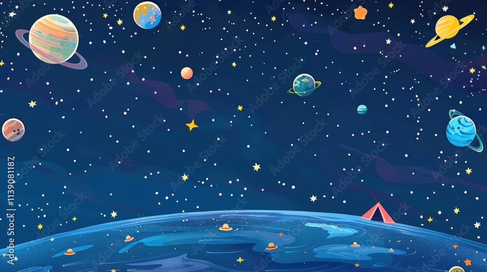 Fototapeta premium Camping Under the Stars in a Cartoon Universe
