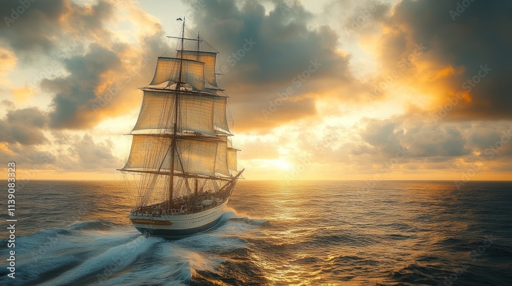Obraz premium Sailing ship on ocean at sunset, dramatic sky.