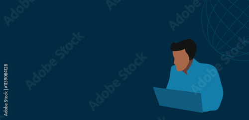 A man is doing job by computer with green color background illustration theme, freelancing by computer with editable illustration theme