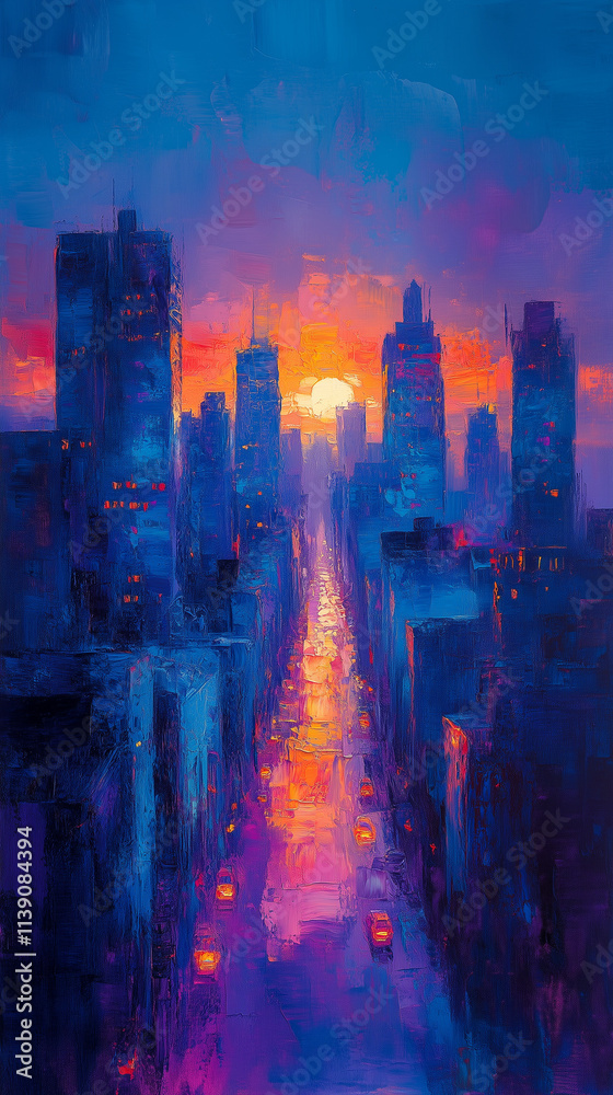 Naklejka premium A minimalist oil painting, using an impasto technique with thick brush strokes, depicts an urban skyline at sunset.